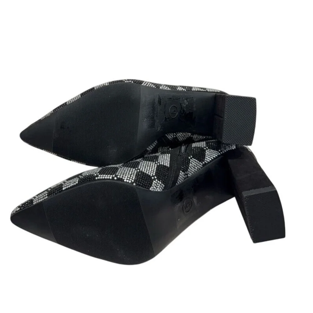 Wild Pair Ingriddd Rhinestone Checkered Ankle Boots Black Silver Block Heel 5M